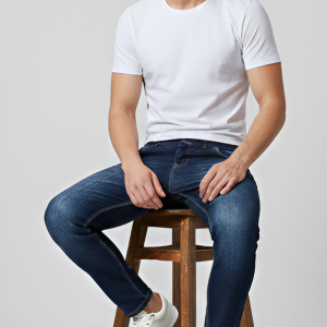 Men's Slim Fit Jogger Style Jeans - Dark Indigo Wash with Red '86' Streetwear Patch and Designer Back Pockets