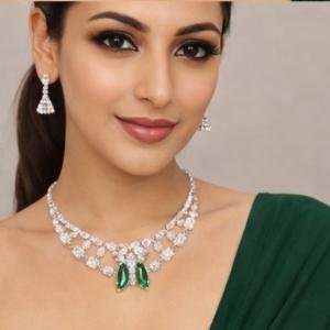 Elegant White Crystal Necklace Set with Green Stone Pendant & Stud Earrings