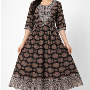 Women’s Printed Anarkali Kurti | Ethnic Floral Print | 3/4 Sleeve | Flared Long Kurta for Casual & Festive Wear