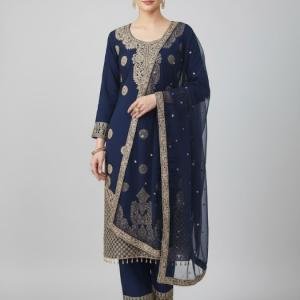 Women’s Royal Blue Embroidered Kurta Pant Set with Dupatta | Ethnic Festive Wear | Soft Georgette Fabric