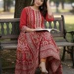 Handmade Red Cotton Anarkali Long Dress | Ethnic Printed Flared Kurti with 3/4 Sleeve | Comfortable Casual & Festive Wear