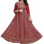 Handmade Red Cotton Anarkali Long Dress | Ethnic Printed Flared Kurti with 3/4 Sleeve | Comfortable Casual & Festive Wear