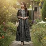Women’s Black & White Printed Cotton Anarkali Kurti | 3/4 Sleeve | Ethnic Long Kurta for Daily & Festive Wear