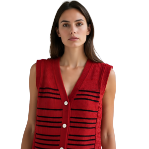 Handmade Woolen Sleeveless Sweater for Girls | Red & Black Striped | V-Neck Button Style | Winter Wear