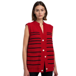 Handmade Woolen Sleeveless Sweater for Girls | Red & Black Striped | V-Neck Button Style | Winter Wear