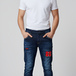 Men's Slim Fit Jogger Style Jeans - Dark Indigo Wash with Red '86' Streetwear Patch and Designer Back Pockets