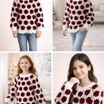 Handmade Crochet Winter Sweater for Girls & Women | Maroon & White Floral Pom-Pom Design | Warm & Stylish Woollen Top | 100% Woollen