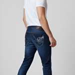 Men's Slim Fit Jogger Style Jeans - Dark Indigo Wash with Red '86' Streetwear Patch and Designer Back Pockets