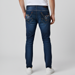 Men's Slim Fit Jogger Style Jeans - Dark Indigo Wash with Red '86' Streetwear Patch and Designer Back Pockets