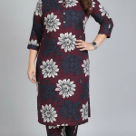 Women's Cotton Printed A-Line Kurta with Trousers Set, Floral Leaf Pattern, Blue & Pink