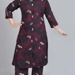 Women's Cotton Printed A-Line Kurta with Trousers Set, Floral Leaf Pattern, Blue & Pink