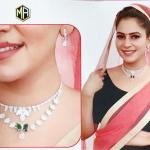 Elegant White Crystal Necklace Set with Green Stone Pendant & Stud Earrings