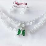 Elegant White Crystal Necklace Set with Green Stone Pendant & Stud Earrings