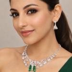 Elegant White Crystal Necklace Set with Green Stone Pendant & Stud Earrings