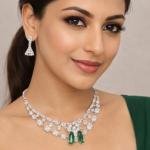 Elegant White Crystal Necklace Set with Green Stone Pendant & Stud Earrings